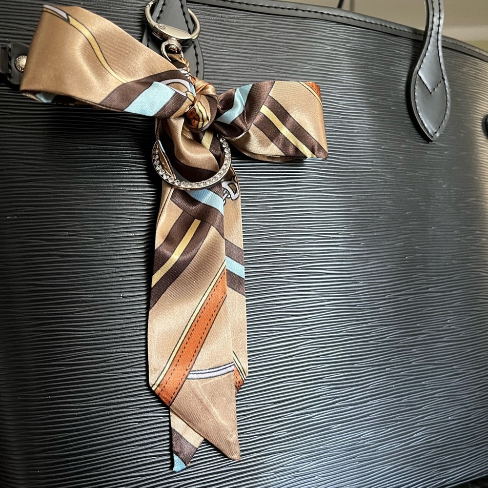 Purse scarf bow charm with bling medallion and gold clip, tan brown blue stripe